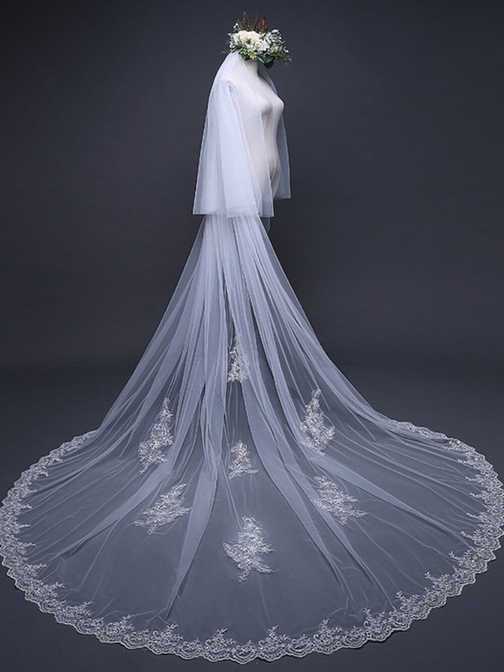 2 Tier Cathedral Lace Bridal Veil W Blusher 3m x 3m White Veil Comb